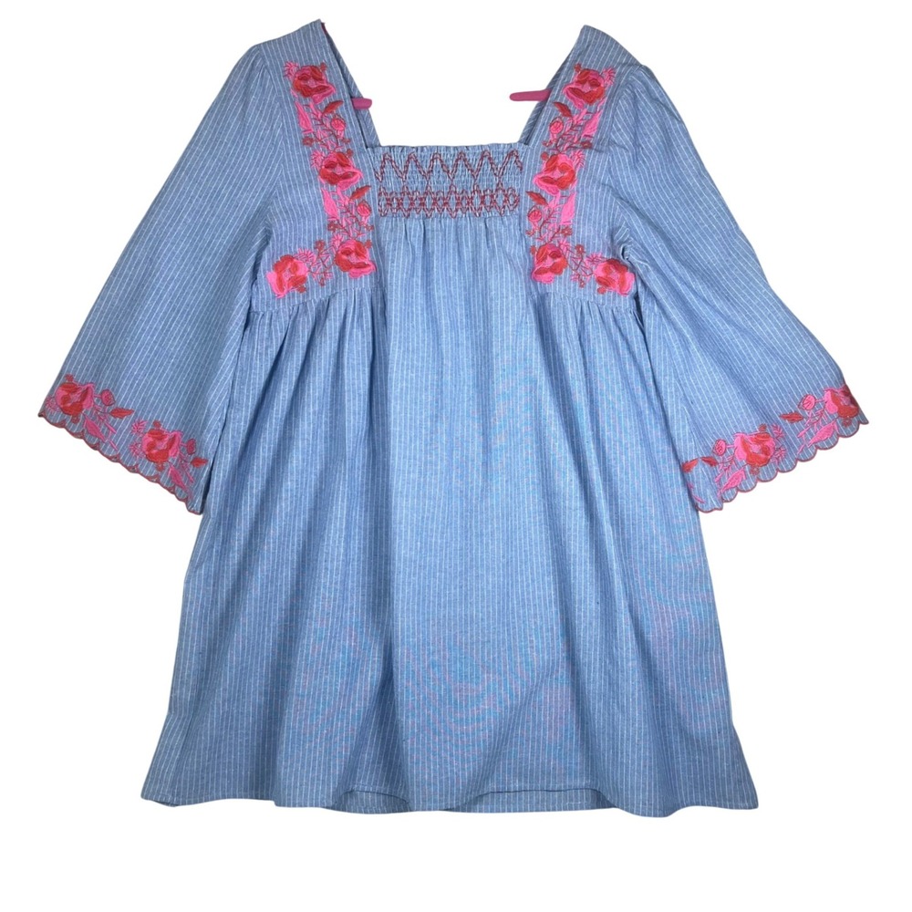 Vici Blue Pinstripe Floral Embroidered‎ Babydoll Mini Dress Medium Smocked Back